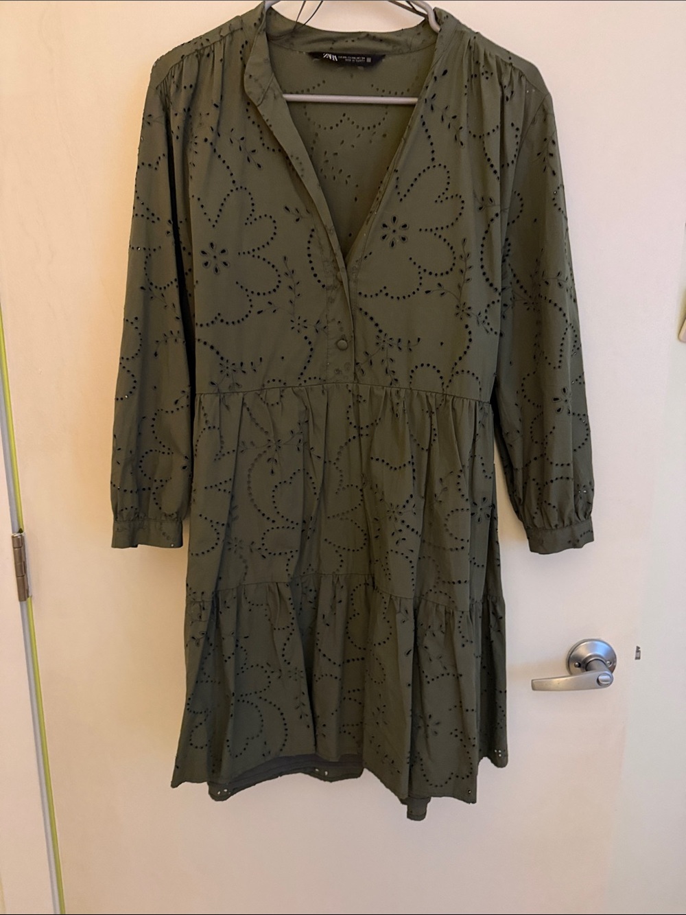 Zara Olive Eyelet Tiered Long Sleeve Dress